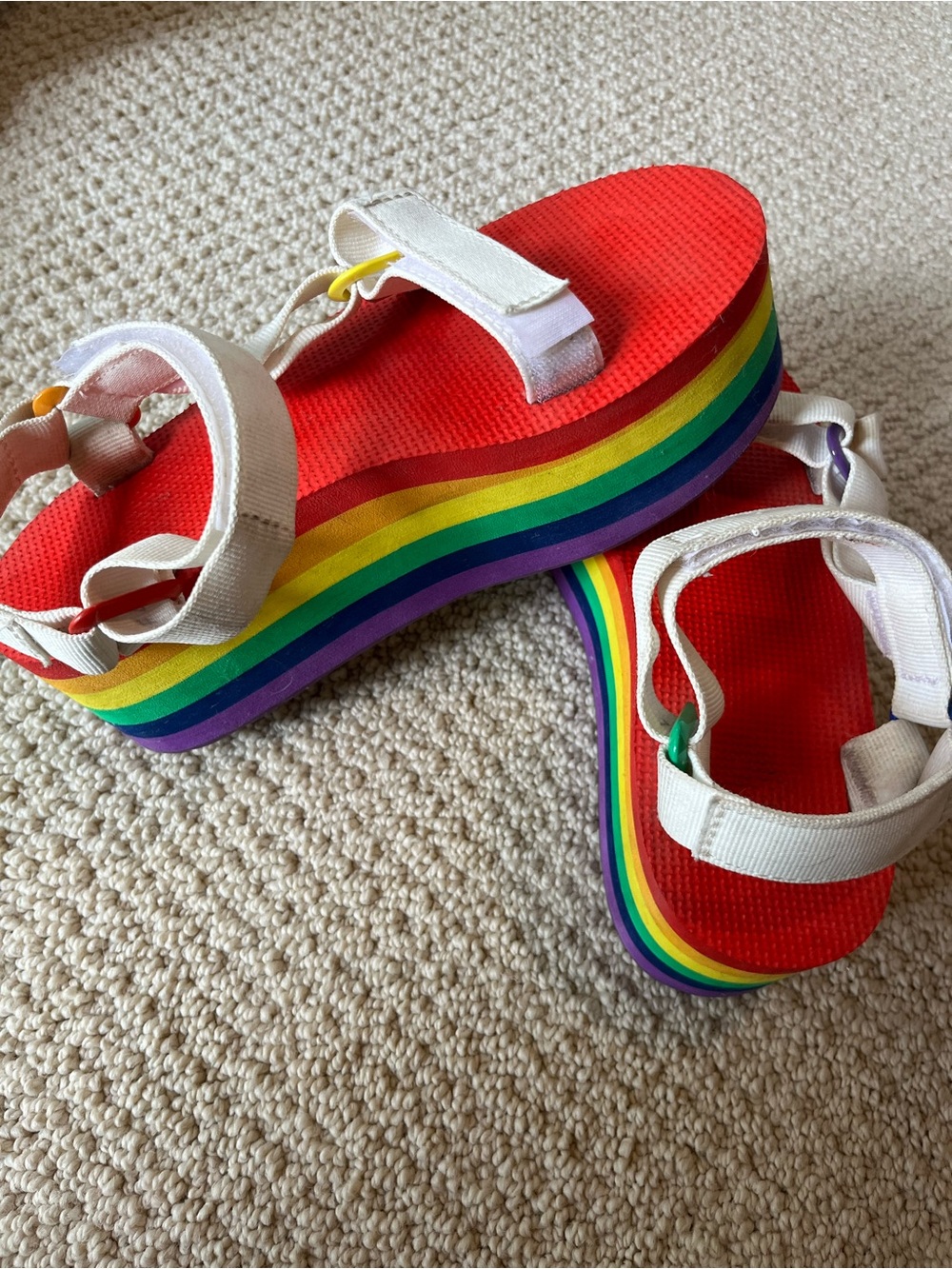 Teva women’s Red Platform Sandals with Rainbow Layered Sole and White Straps